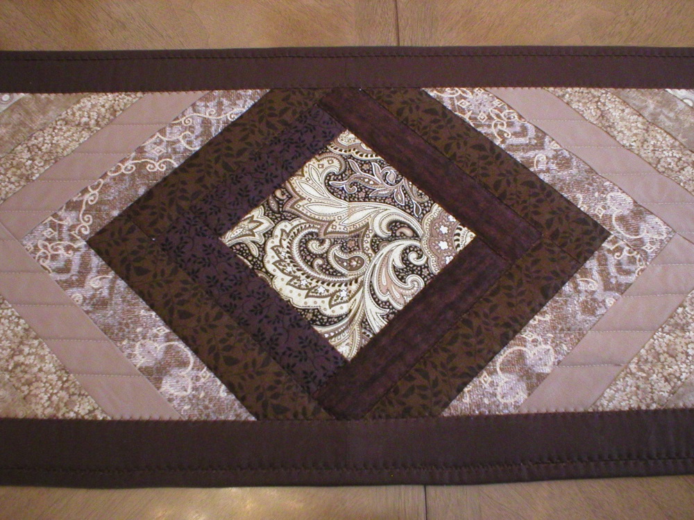 Handmade Quilted Long Table Runner in Brown and Cream