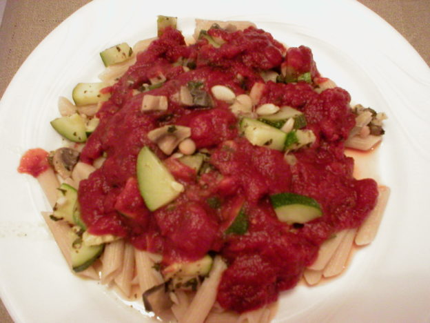 Pasta with Zucchini, Mushrooms, and Tomato Sauce
